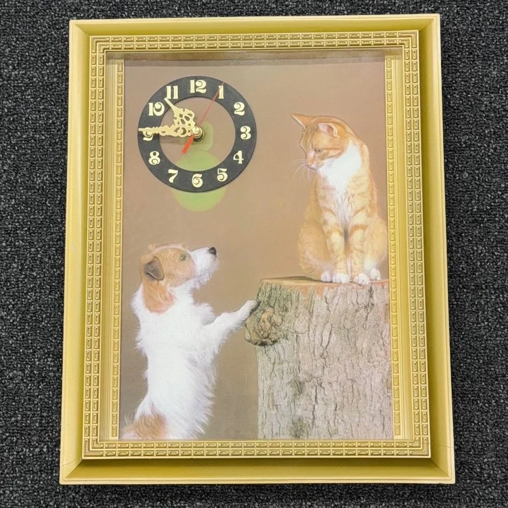 Vtg 3D Cat Dog Shadow Box Wall Clock Takane Japan Quartz Movement Singapore Read